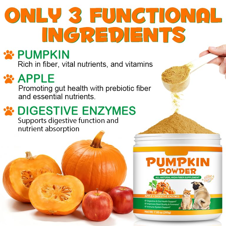 Organic Pumpkin Powder for Dogs&Cats,All Natural Fiber for Dogs&Cats, with Digestive Enzymes, Apple,Digestive & Gut Health Support Constipation Relief Suitable for Adult Dogs & Cats