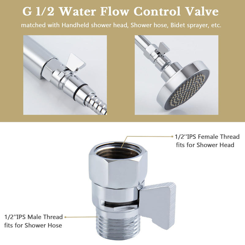 Shower Flow Control Valve, APLusee Brass Water Pressure Regulator with On Off Adjustable Switch Lever for Universal Shower Head and Arm, Chrome