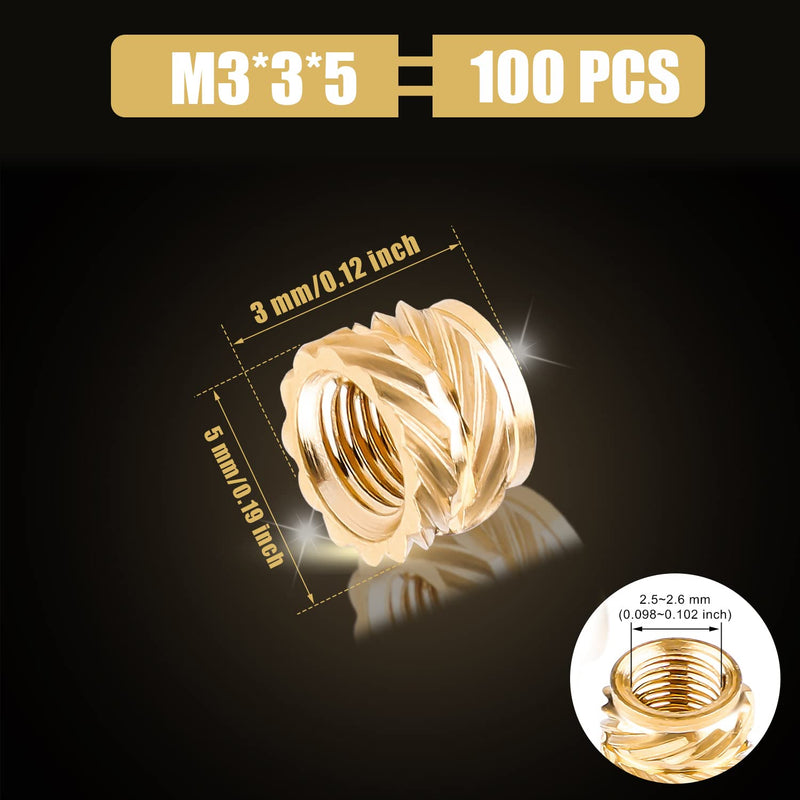 100pcs 3D Printing Brass Nuts, M3x3x5mm M3 Threaded Insert Knurled Brass Nuts Female Thread Knurled Heat Embedment Nut for 3D Printing Parts Loptop Automotive Plastic Shell