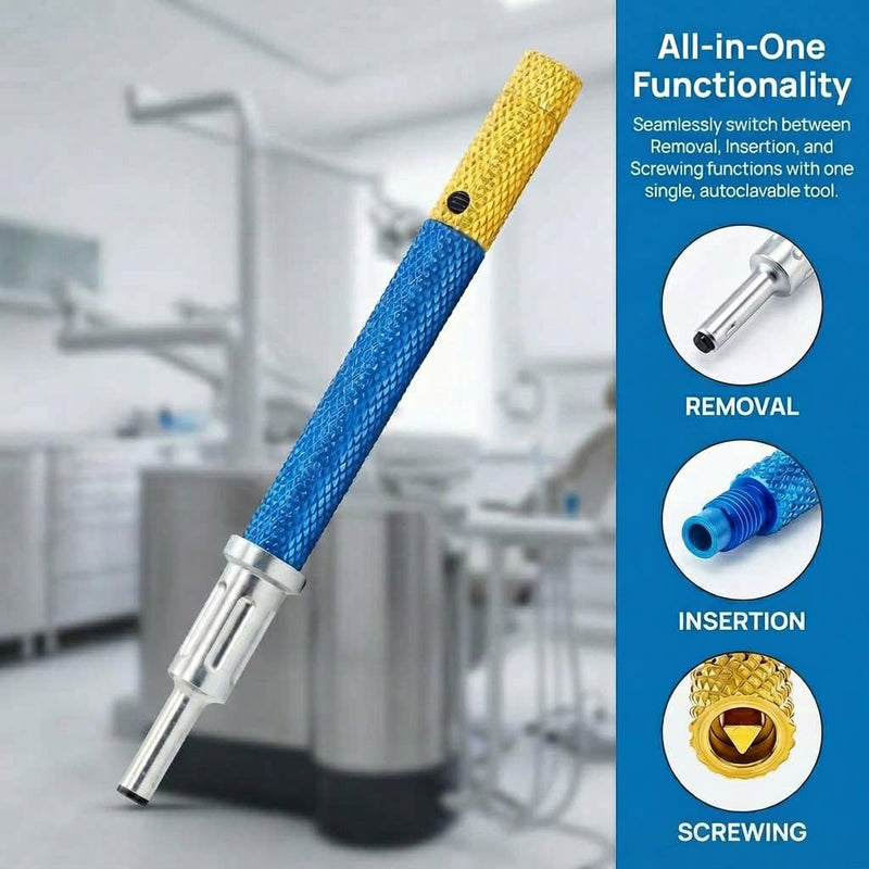 Implant Tooth Locator Core Tool, 3 in 1 Universal Dental Instrument for Overdenture Retention & Insertion, Golden Zinc Alloy with Gloves