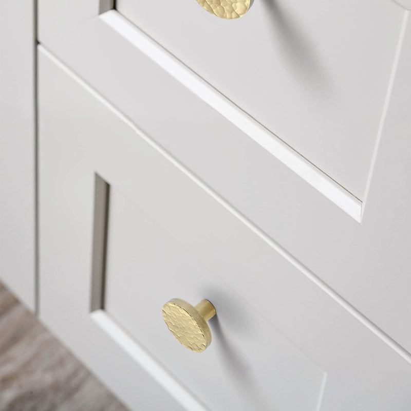 10-Pack Modern Gold Cabinet Knobs, Hammered Solid Brass Drawer Knobs, Round Dresser Drawer Pulls and Handles, Kitchen Cabinet Hardware, Diameter 1-3/16 Inch 10 Shiny Hammered Gold