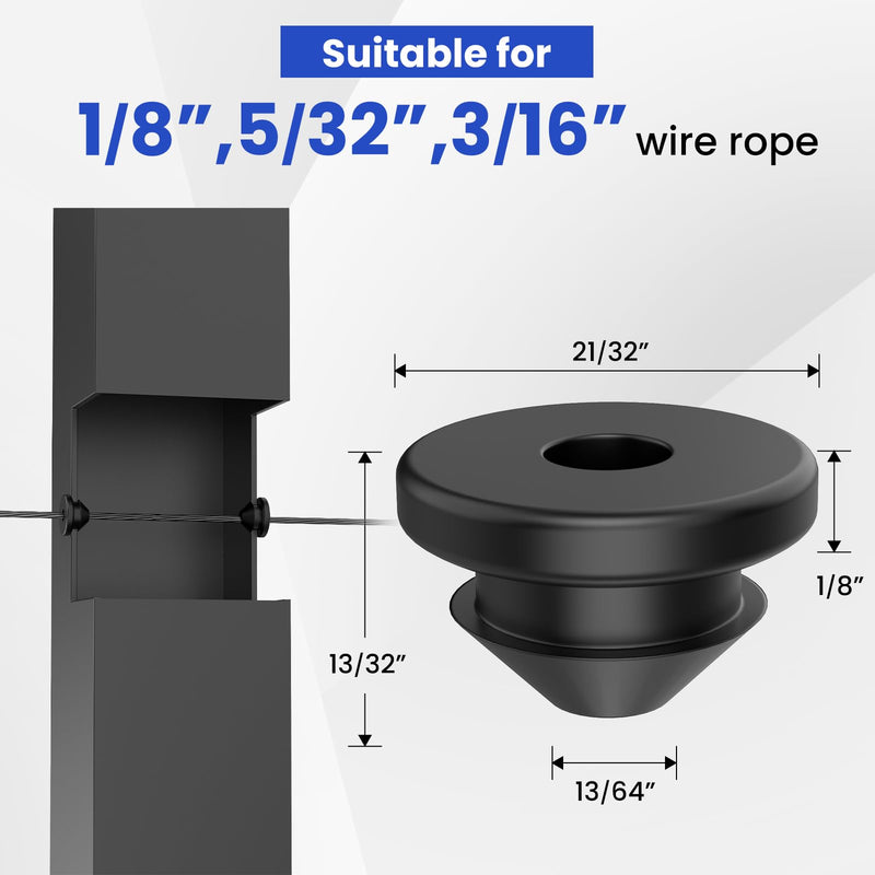 venugny Cable Railing Rubber Grommets，Ideal for 1/8-inch, 5/32-inch & 3/16-inch Stainless Steel Cables, Perfectly Compatible with Metal Posts for All Cable Railing Systems (100) 100