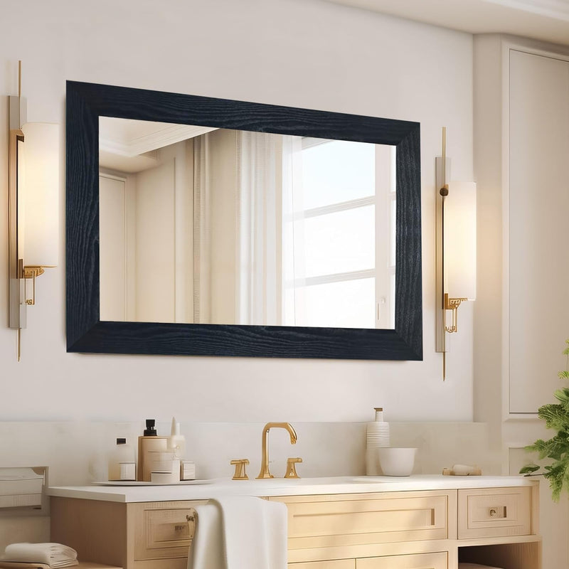 Black Wood Mirror Frame Border - 393.7"x3.9" Wallpaper Border Peel and Stick - Self-Adhesive and Removable Wood Grain Mirror Frame Wallpaper for Bathroom Waterproof Mirror Border Peel and Stick Tape