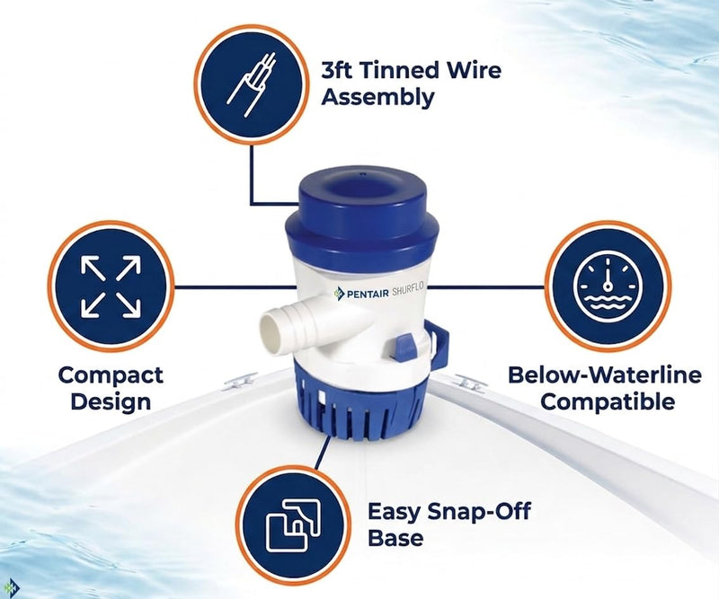PENTAIR SHURFLO 355-010-10 Marine Bilge Pump, 500 GPH Submersible Marine Pump, Anti-Airlock, ABS Housing, Nylon Impeller, Ignition Protected, 12V DC, CE Certified