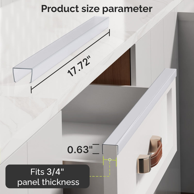 Snugly Fit 18" Length Cabinet Door Protector, Flexible Slip-On Plastic Edge Guard, Thin Transparent Cabinet Edge Protectors to Prevent Wear, Chipping, Discoloration, Cabinet Bumpers, 3/4" Thick, 2 PCS Clear