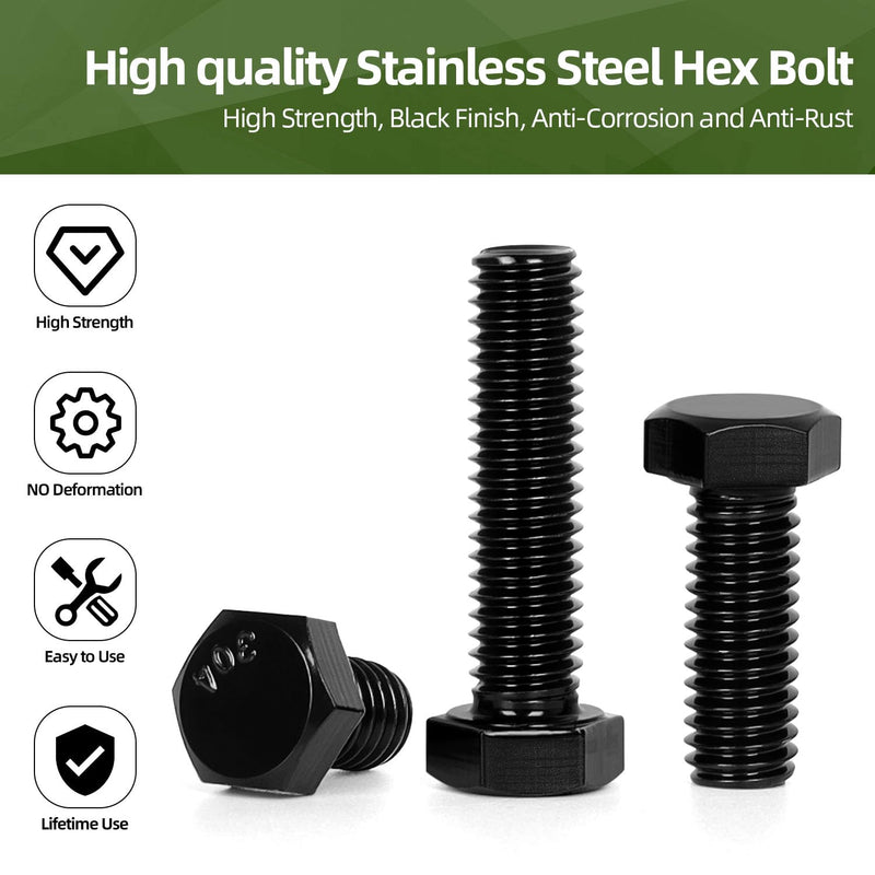 M8 x 30mm Hex Head Screw Bolt, 25 PCS Stainless Hex Bolts, Full Thread, 18-8 Stainless Steel (304), Black Coating M8 x 30mm