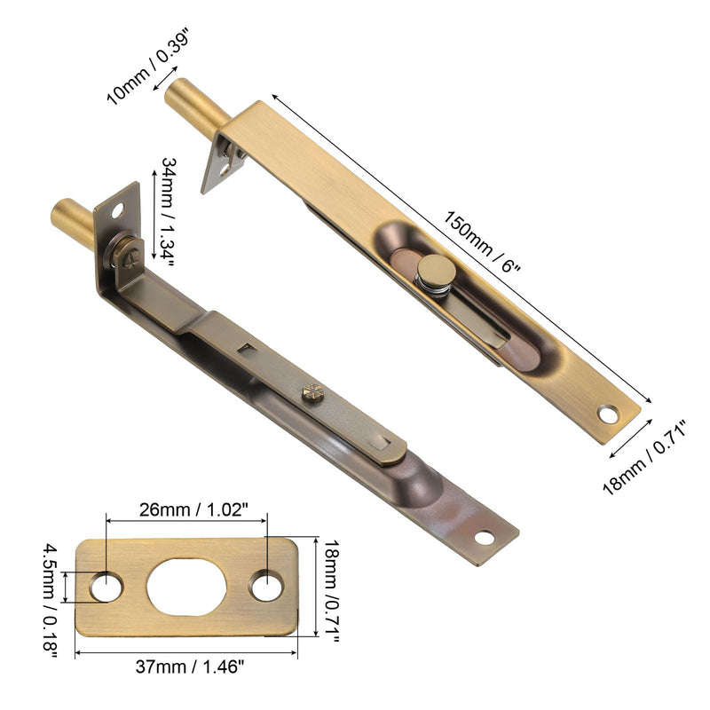 PATIKIL Flush Bolt 6" x 0.71", 2 Pcs Stainless Steel French Door Lock Concealed Slide Double Door Latch for Wood Composite Double Door, Yellow Bronze 6" x 0.71"