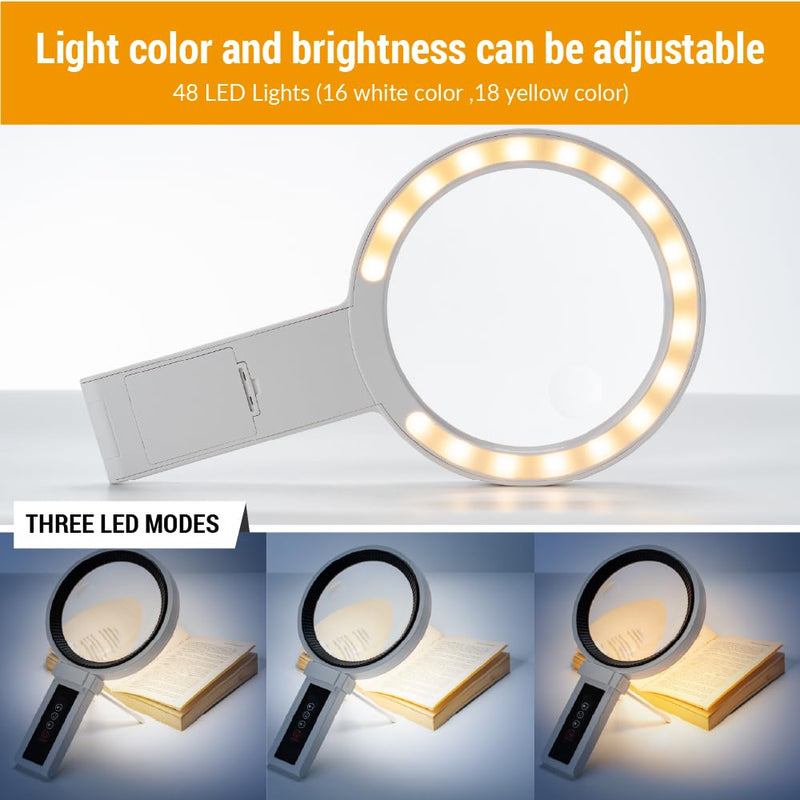 Lighted Magnifier, 2.5X/4.5X Magnifying Glass with 48 LEDs, Adjustable Brightness, 2 Color Modes, Handheld & Desk Stand for Reading, Crafts & Close Work