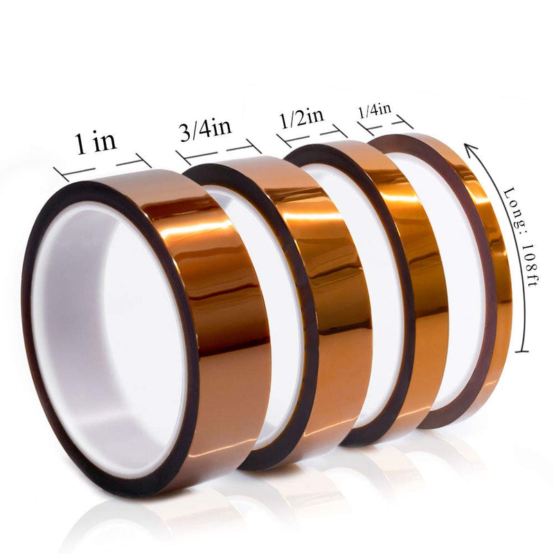 MYJOR High Temperature Tape， 1 mil Kapton Tape, Polyimide Tape, Professional for Protecting CPU, PCB Circuit Board, 1/4", 1/2", 3/4", 1"- 4 Rolls，No Residue. 1/4", 1/2", 3/4", 1" - 108ft, 4 Rolls