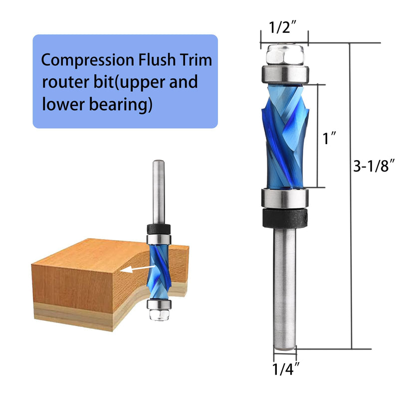 Compression Spiral Flush Trim Router Bit Top & Bottom Bearing 1/2 inch Cutting Dia with 1/4 inch Shank with Nano Coated Pattern Solid Carbide Template Woodworking Tool FRCT2 1/2"Dia +1/4" Shank