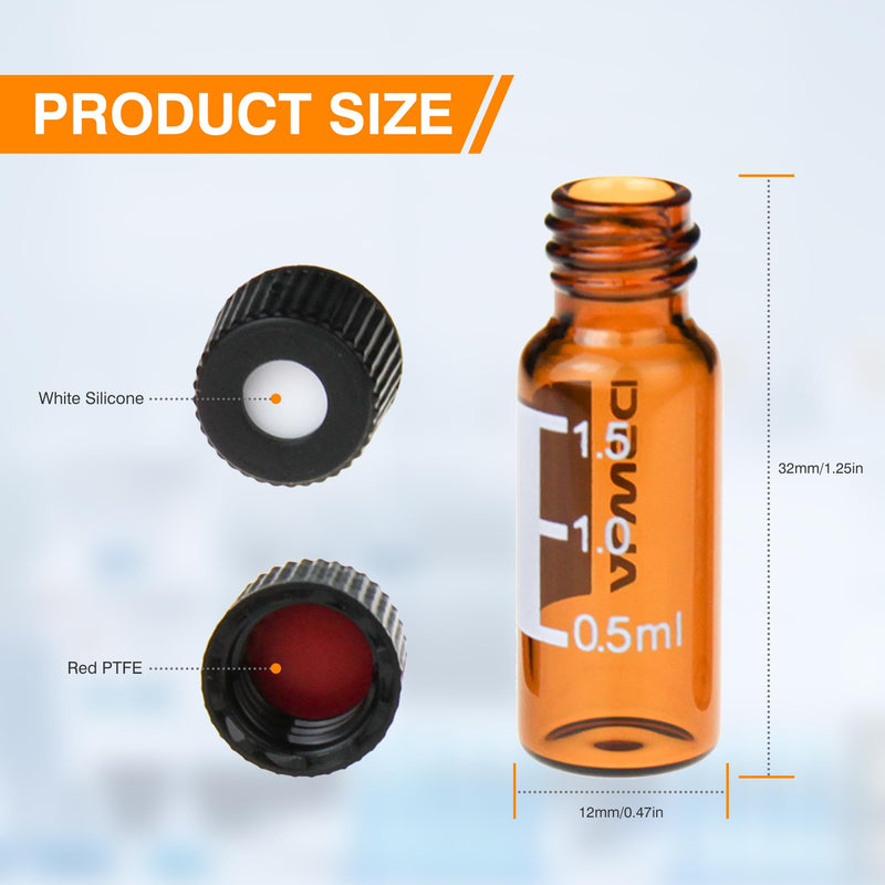 2 ML Autosampler Vial, Amber 8-425 HPLC, 8mm Chromatography Lab Vial with Writing Area, Black Screw Cap&Septa, 100 pcs