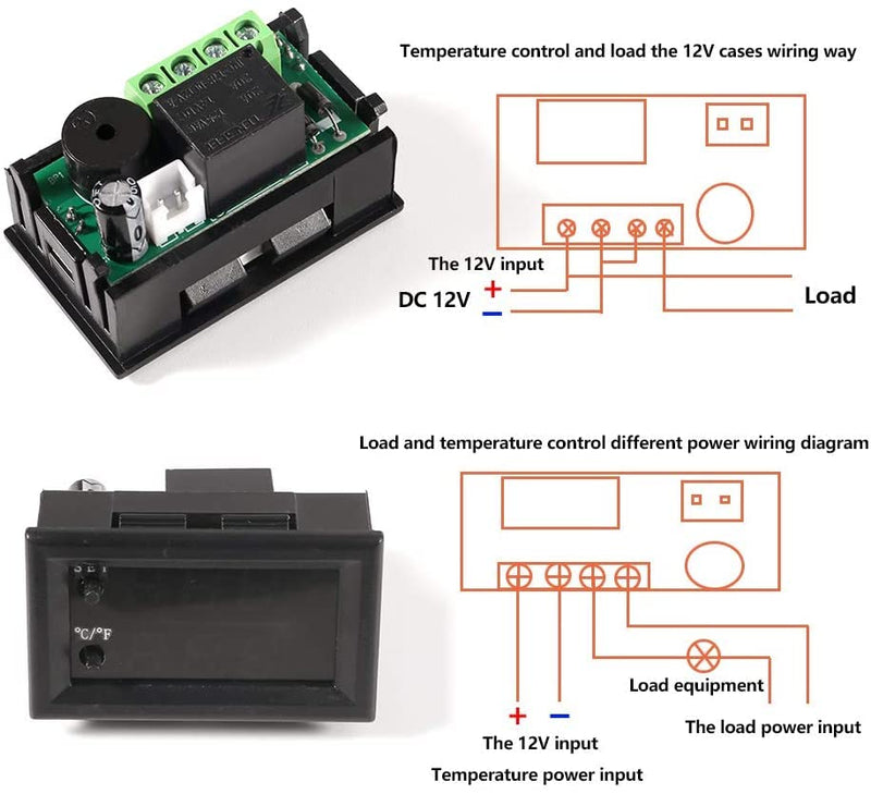 UMLIFE 2PCS Temperature Controller -50 to 110 Celsius (-58 to 230 F) DC 12V Programmable Heating/Cooling Thermostat Control Switch Module NTC Waterproof Sensor Probe Dual Color LED Display Monitor