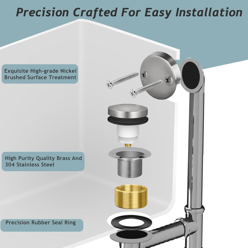 Tip-Toe Bathtub Drain Kit with Two-Hole Overflow Plate, Premium Quality Bath Tub Drain Replacement, Universal Fine/Coarse Thread Bathtub Stopper (Brushed Nickel) Brushed Nickel