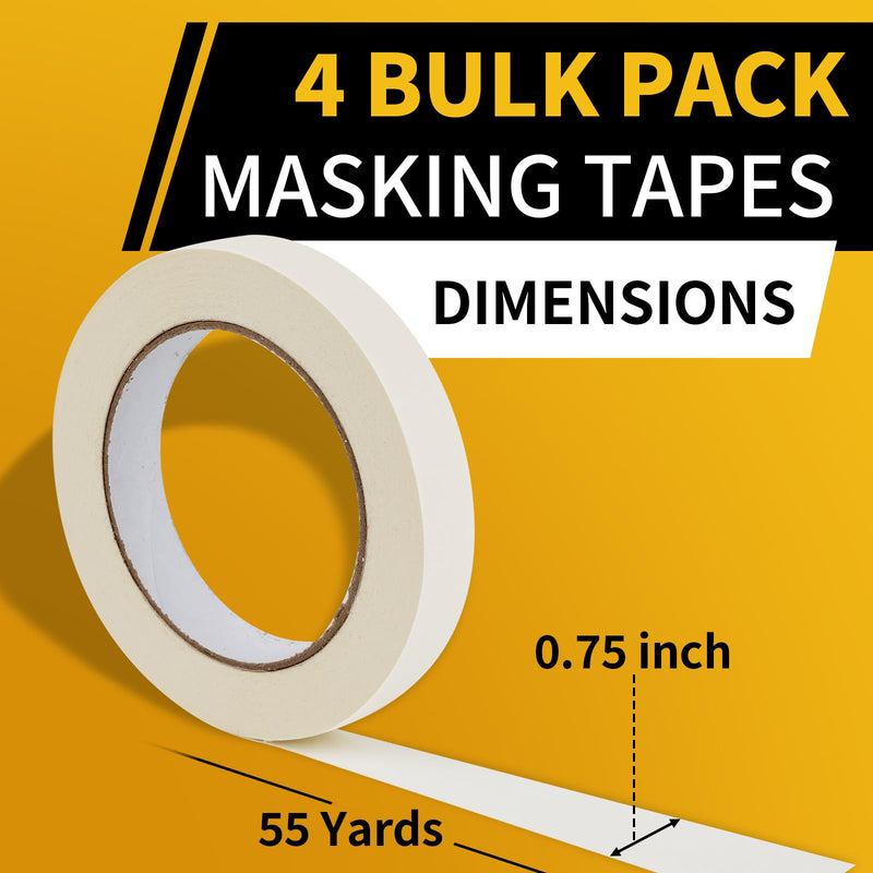 Masking Tape, 0.75 inch Wide Painters Tape, 4 Pack Strong Adhesive Labeling Tape, Beige White, 55 Yards per Roll (220 Total Yards) for Home, Office, Labeling, School, DIY, and Crafts 0.75 Inch x 55 Yards x 4 Rolls