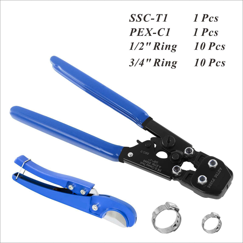 PEX Pipe Clamp Cinch Tool Crimping Tool Crimper for Stainless Steel Clamps from 3/8-inch to 1-inch with 1/2-inch 10PCS and 3/4-inch 10PCS SS PEX Clamps,with Pipe Cutter CH-T-2