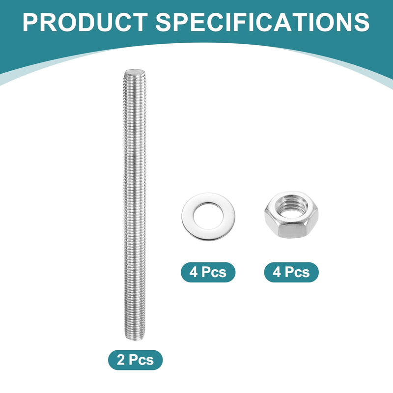 uxcell 2pcs Fully Threaded Rod, M16 x 200mm Stainless Steel Right Hand Threads Rods with Nuts and Flat Washer Fully Studding Rod Bar for Clamps, Hangers and U-Bolts 2
