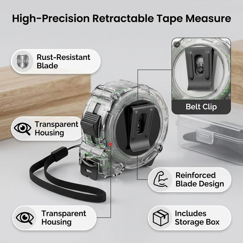 Tape Measure Retractable, Thick Stainless Steel Retractable Tape Measure for Woodworking, Clear Case Included, Tape Measures (10 Meters / 32.8 Feet) 10 m