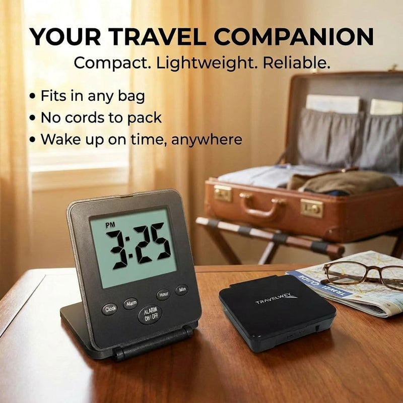 Digital Travel Alarm Clock - No Bells, No Whistles, Simple Basic Operation, Loud Alarm, Snooze, Small and Light, ON/Off Switch, 2 AAA Battery Powered, Black