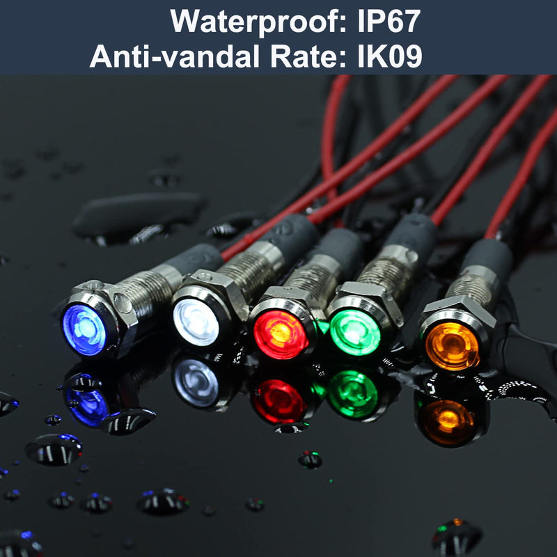 5 Pcs 6mm 110V-220VAC Metal LED Indicator Light Mounting Hole 1/4" 20mA Energy Saving Signal lamp Waterproof IP67 with Wire for machine tools household appliances etc. Red LED