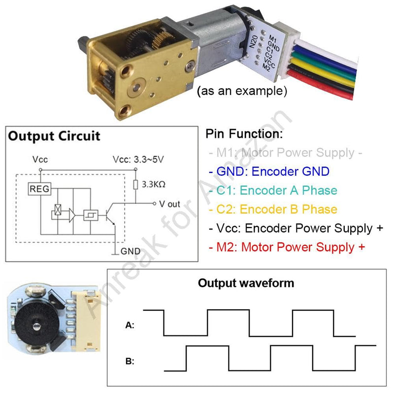 2Pcs DC 12V 16RPM Φ3x8mm Single Shaft N20 Worm Gear Motor with Encoder, 3-12V 4-381RPM Best for Automation and Robotics (12-16) 12V 16 RPM 2