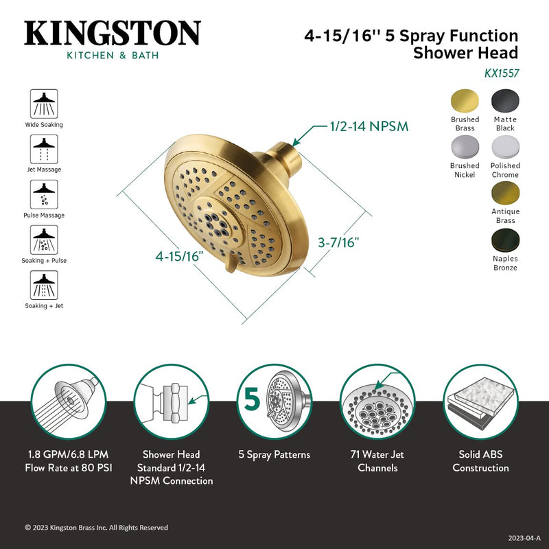 Kingston Brass KX1557 Vilbosch 5-Inch Round 5-Function ABS Shower Head in Brushed Brass 4.94 x 4.94 x 3.44