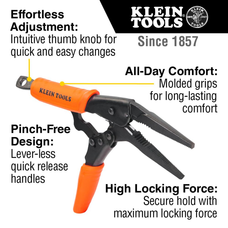 Klein Tools 38612 Long Nose Locking Pliers with Quick Release Handles, Ideal for Tight Spaces, High Torque and Gripping Power, 9-Inch 9-In Long Nose