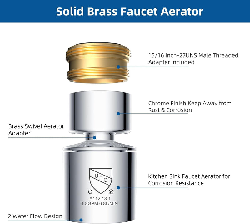 Hibbent NSF/ANSI/CAN 61 Certified Faucet Aerator, CUPC Certification 360° Swivel Kitchen Sink Aerator, Dual-function Sprayer Faucet Head, Faucet Replacement Part 55/64 Inch Female Thread - Chrome 1 - NewNest Australia