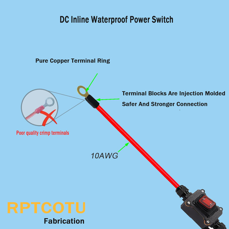 DC12V Inline Wire Switch DC12-24V DPST Dual Side Wiring Switch 25A IP67 with on/Off Quick Connect/Disconnect Switch with Copper Ring Power Cord 30 cm for Motorcycle and car Power on/Off.(DC) DC Waterproof Switch with Brass Ring