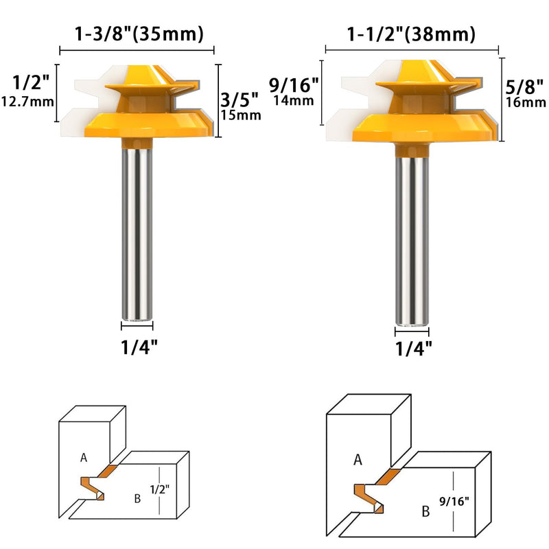 1/4 Inch Shank Tongue and Groove Router Bit Tool Set 3 Teeth Adjustable Router Bit 45 Degree Lock Miter Router Bits Woodworking Set- 1/2" 9/16" 3/4" Cutting Height Woodworking Glue Joint Tools