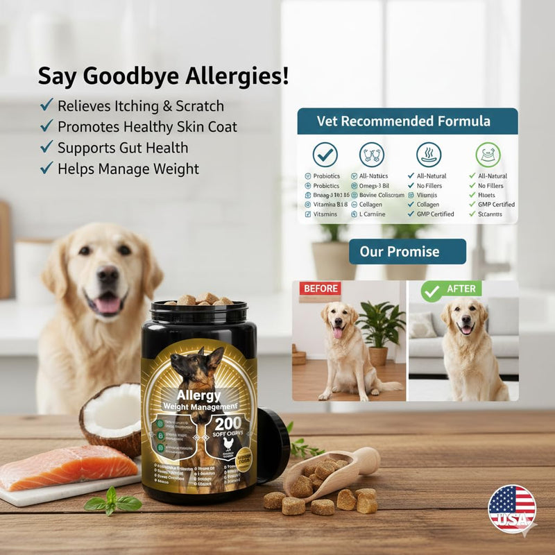 Dog Allergy Relief Chews – Natural Itch & Skin Irritation Relief, Supports Immune System, Reduces Seasonal Allergies, Safe for All Breeds – 200 Soft Chews