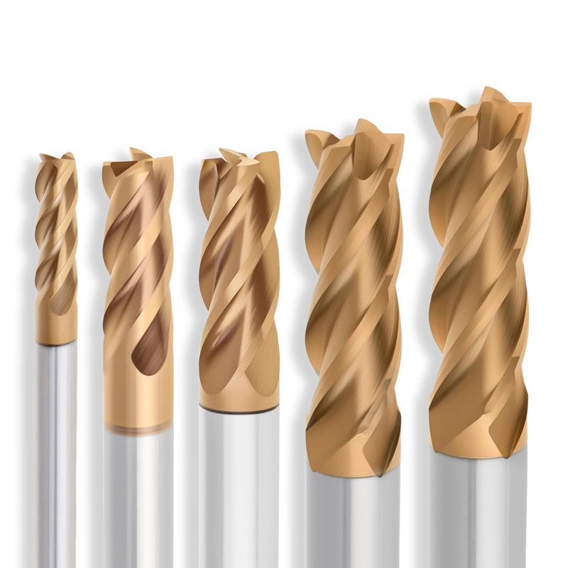 5 Pcs Tungsten Carbide End Mills Set - 1/8" 3/16" 1/4" 5/16" 3/8", 4 Flutes CNC Milling Cutters for Hardened Steel, Alloy Steel, Cast Iron (AlTiN TiSiN Coated) 3-5-6-8-10mm 5Pcs