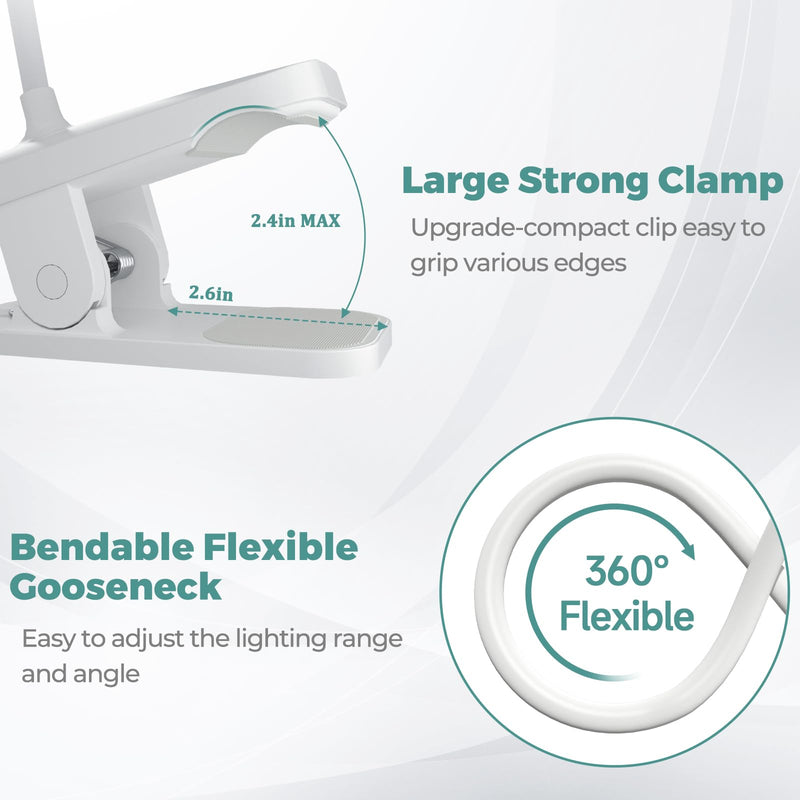 CUHIOY Clip on Reading Light for Bed Headboard, Rechargeable Battery Clamp on Bunk Bed Light, 5 Colors 5 Brightness Flexible Neck Desk Lamp, Eye Protect LED Touch Control Book Lights at Night for Kids 1Pack White