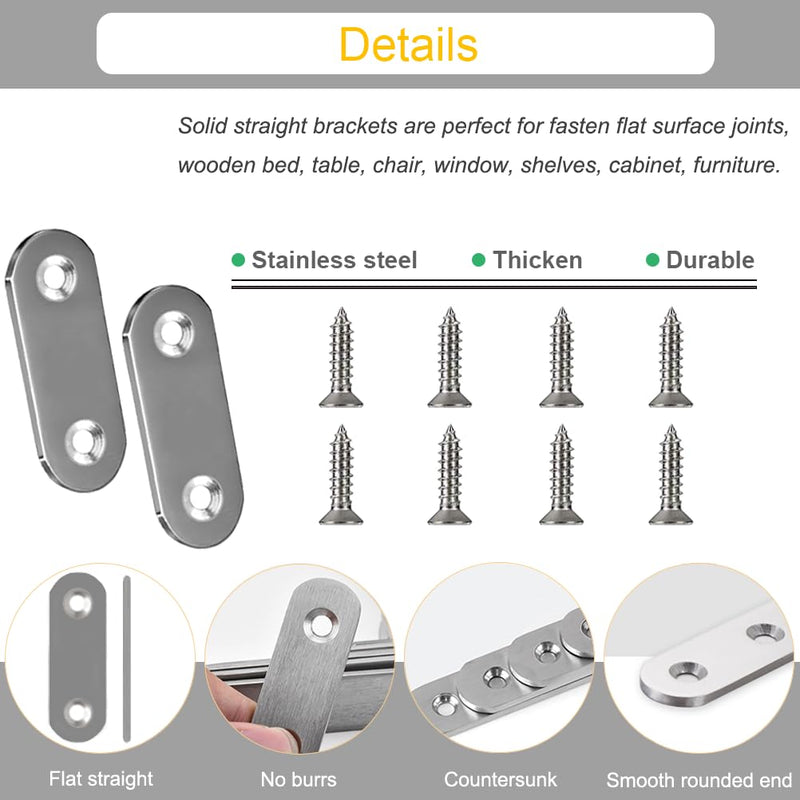 30PCS Straight Brace Brackets 1.42 Inch Stainless Steel Flat Mending Plates, Repair Fixing Joining Brackets for Wood Furniture with Screws 1.42"/ 36mm (30Pcs)