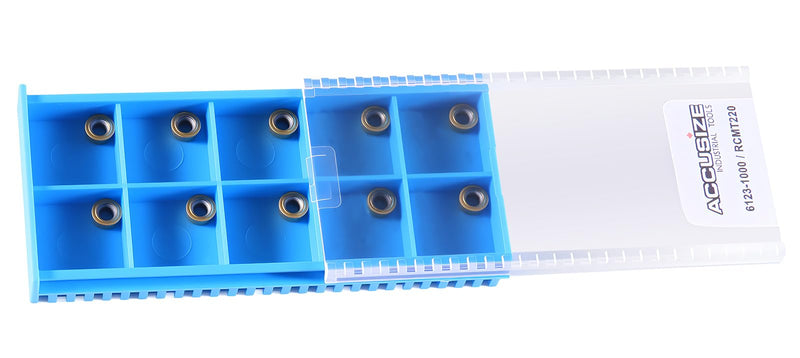 Accusize Industrial Tools Carbide Inserts, RCMT220 TiN Coated, 2523-1000 | RCMT220, ISO RCMT0602MO, C6 Grade, IC 0.2362 in, Thickness 3/32 in, Hole 0.110 in, 10 Pcs