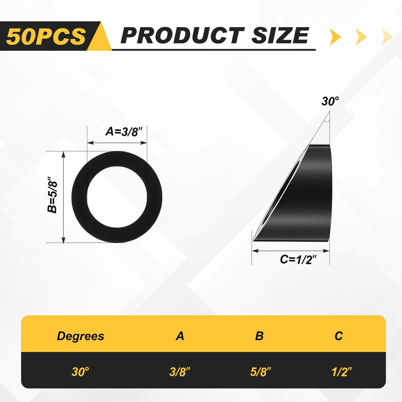 LEIFIDE 30 Degree Angle Washer - 3/8" ID for 1/8" & 3/16" Cable Railing Hardware- Black Stainless Steel Angle Beveled Washer for Cable Railing Stair Ends- 50 Pack 3/8 Inch