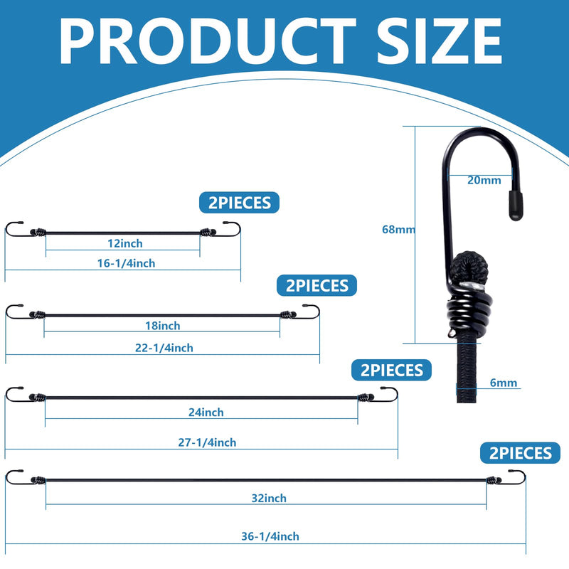 Bungee Cords with Hooks 8 Pack Bungee Cord Includes 12 inches, 18 inches, 24 inches, 31 inches for Bundling Items, Fixing Tarps, Tents, and Carrying Luggage (8, Black, Many Sizes) four sizes