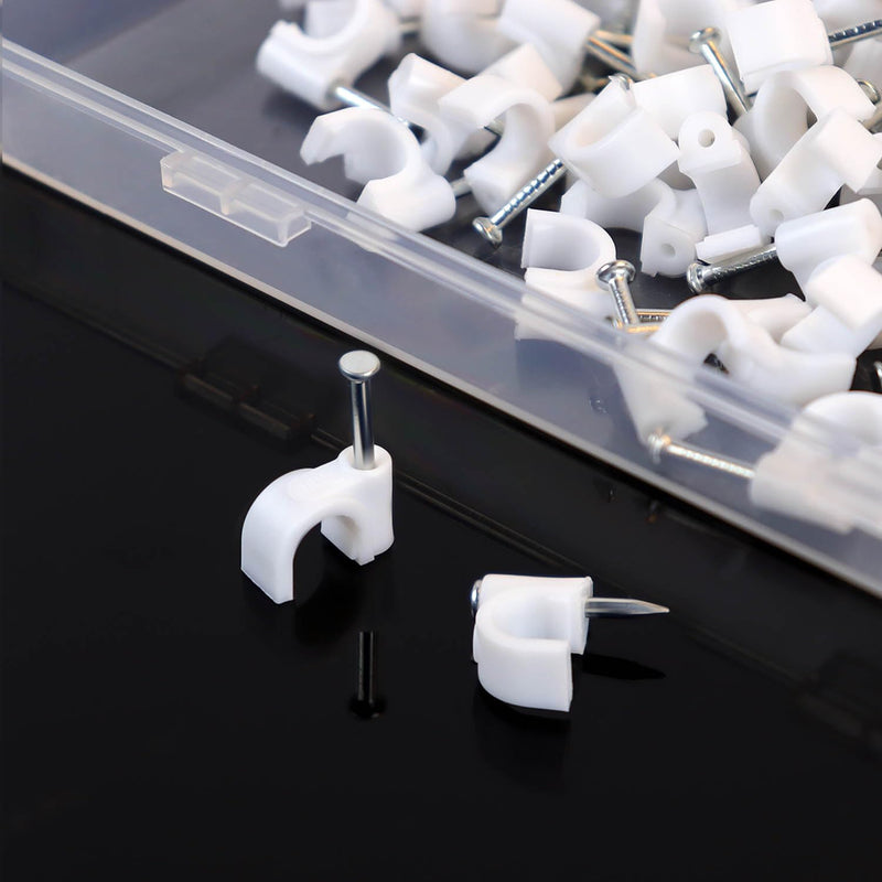 200 Pieces Cable Clips White Wire Nail Clips Ethernet Cable Wire Nails Tacks Clips Cable Management Wire Wall Clips Cord Holder 7mm Nail Cable Clips Round Coaxial Cable Clamps Cords Staples (White)