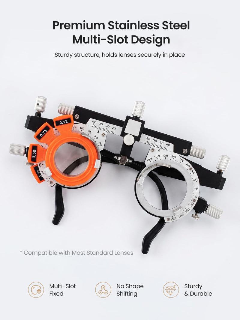 Trial Lens Frame Classic Black & Silver 73g Fully Adjustable Optical Trial Frame for Vision Testing with 48-80mm PD & 360° Lens Rotation