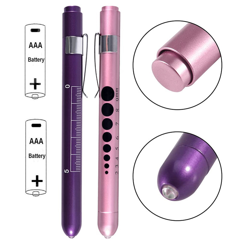 Aokin Pen Light with Pupil Gauge, Reusable LED Penlight Medical for Doctor Nurse Diagnostic etc, White Light, Rose Gold and Purple