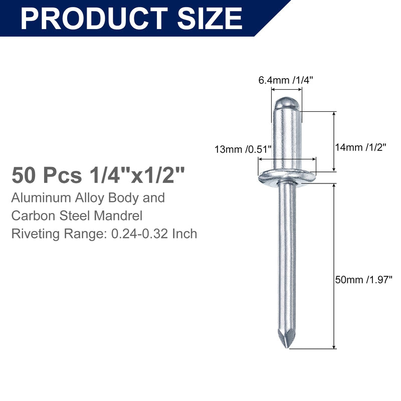 uxcell 50Pcs 1/4" x1/2" Aluminum Blind Rivets, Aluminum Grip and Steel Mandrel, Dome Head Long Split Rivets for Metal, Furniture, Automotive, Silver 1/4"x1/2" 50