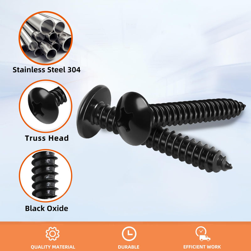 #6 x 1/2" Truss Head Self Tapping Wood Screws Sheet Metal Screws, Black Finish, 304 Stainless Steel 18-8, 100 PCS #6 x 1/2"