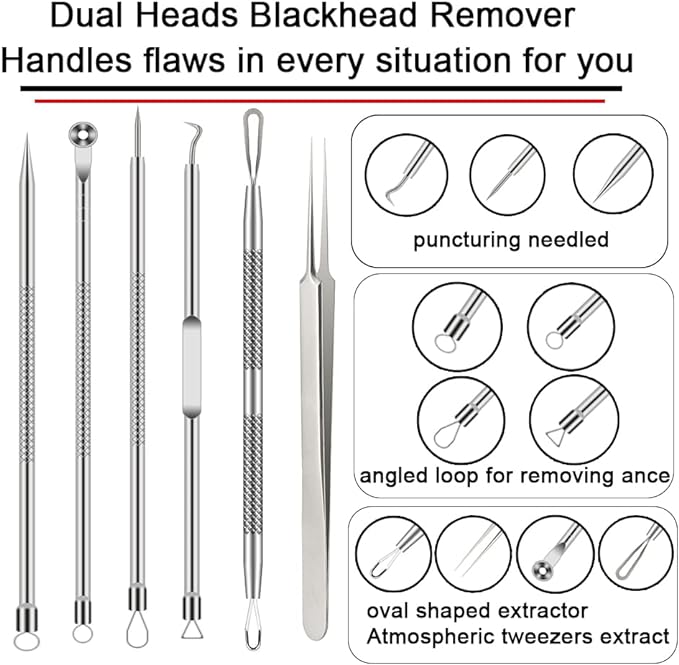 Pimple Popper Tool Kit 6 Pieces Blackhead Remover Acne Needle Tool Set Removal Treatment Comedon Whitehead Popping Pit Nose/Face/Skin Spot Remover Tool Silver - NewNest Australia