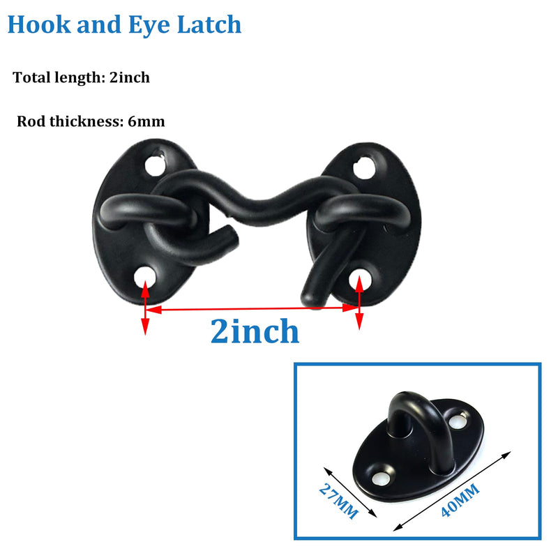 2 Pack Hook and Eye Latch for Door 2 inch Black, Stainless Steel Barn Door Lock Solid Thicken Gate Latch for Door, Windows, Sheds, Fences, Gates