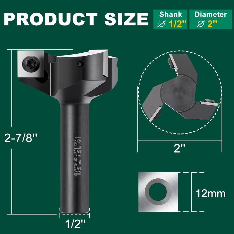 Slab Flattening Router Bits 1/2'' Shank, 2'' Cutting Diameter | 3 Wings, Spoilboard Surfacing Router Bit with 12mm Insert Wood Planing Bit CNC Router Flattening Bit for Woodworking Tools None Coated 1/2" Shank-2" Cut Dia. (3 Inserts)