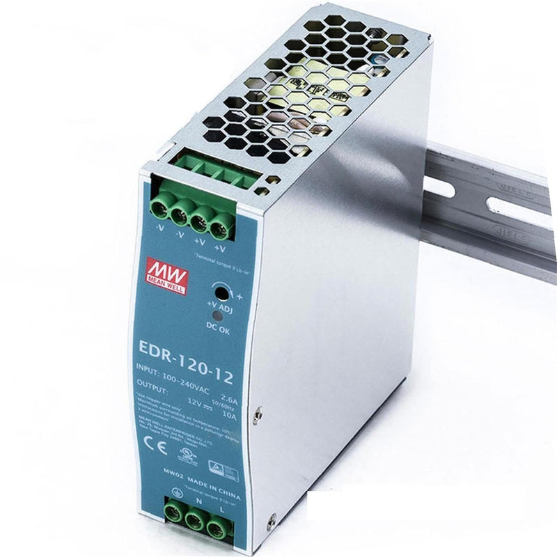 EDR-120-12 12 Volt AC-DC DIN Rail Power Supply, 120W, 10A; Metal Encased for Enhanced Heat Dissipation in Electromechanical Systems Industrial Power Supply