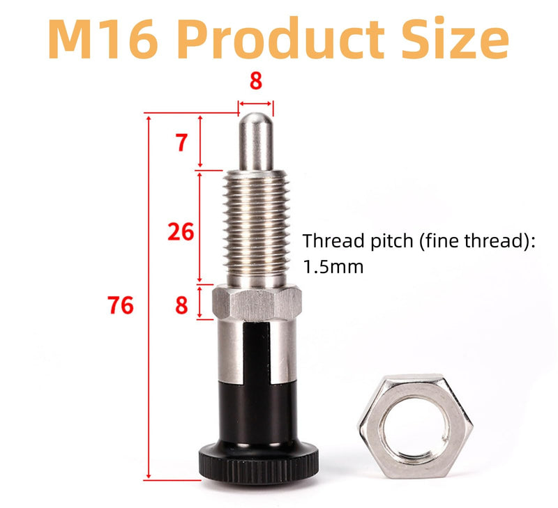 2PCS Stainless Steel Plunger Pin Tool Chest Toolbox Locking Plunger Hand Retractable Spring Plunger Self Locking Indexing Plunger Spring Loaded Plunger Knob Quick Release Pull Ring Pin Fine Teeth M16