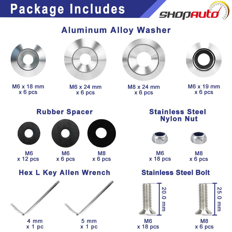 24-Set M6/M8 Washer Hardware Kit, Silver | Anodized aluminum tapered & cup washers with stainless bolts. Ideal for fender flares, widebody kits & engine bays. 24-Piece
