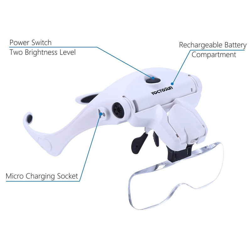 YOCTOSUN Magnifying Glasses with Light, Head Mount Magnifier with 5 Lenses, Headband, Storage Case, Hands Free LED Lighted Head Magnifying Visor for Close Work Hobby Crafts Led Head Magnifier with Storage Case