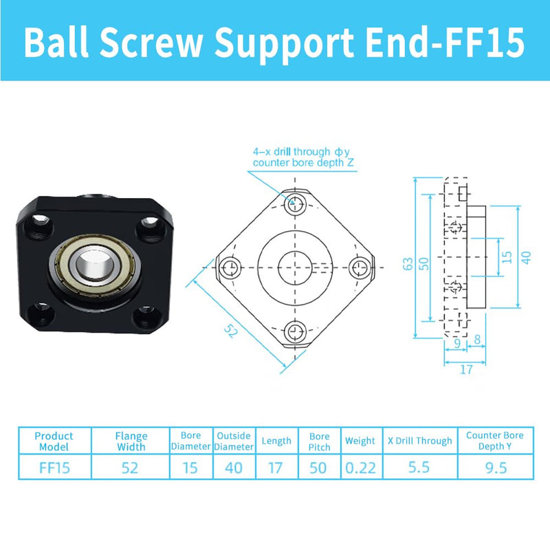 FK15 FF15 Ball Screw End Support, C7 Precision Ballscrew Bearing End Block Set Kit for SFU2005 SFU2010 Accuracy Versatile Use for CNC & Automation Equipment