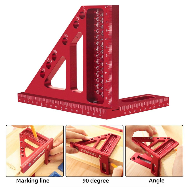 3D Carpenter Square with Degrees Scriber, 22.5-90 Degree Drawing Line Ruler with Pin, Precision Square for Woodworking, Construction, Craftsmen and DIY (Inch) Inch